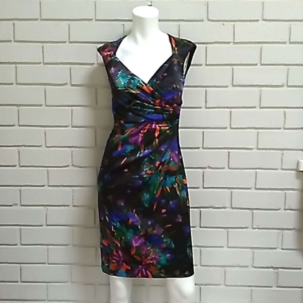 London Style Nights Multicolored Floral Ruched Cocktail Dress. Size 4